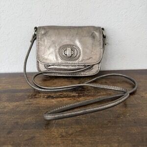 Fossil Mini Leather Crossbody  Metallic Pewter Crackled Finish with Twist Lock